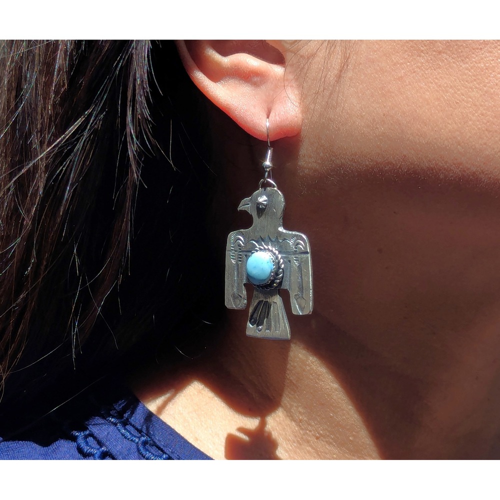 Navajo Thunderbird Golden Hills Turquoise Earrings Handmade NA Sterling Jewelry* - Picture 1 of 11